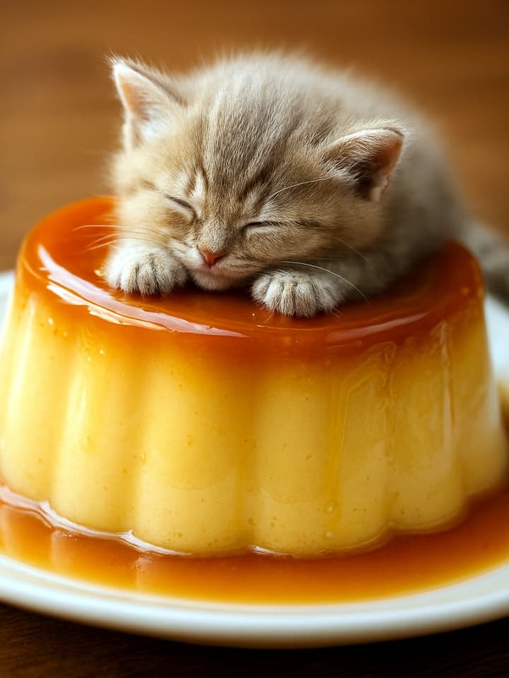 大きなプリンのぷるぷるした表面で眠る子猫