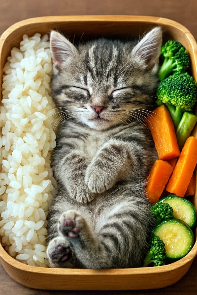 ごはんとおかずの間で眠る子猫入りお弁当