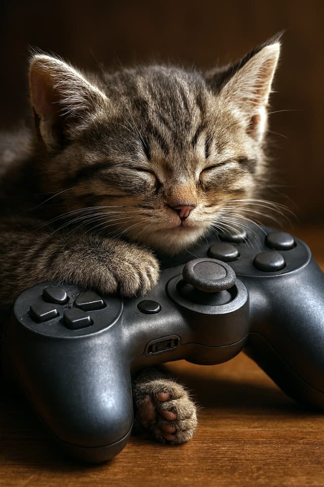 ゲームコントローラーの上で眠る子猫