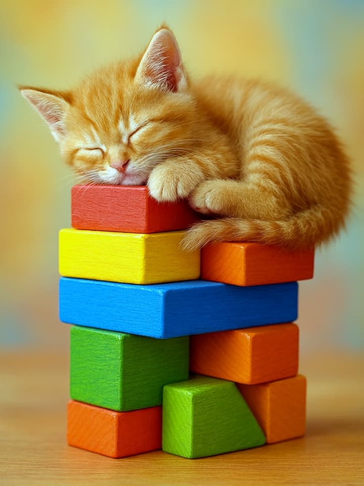 カラフルな積み木の山の上で眠る子猫