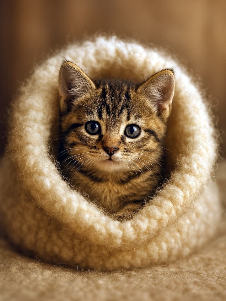 ふわふわの毛糸の帽子の中にうずくまる子猫