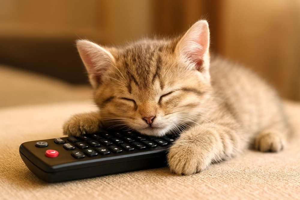 テレビのリモコンの上にどーんと寝転がる子猫