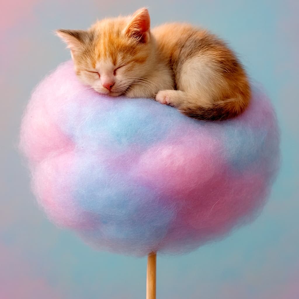 雲の形をした大きな綿菓子の上で眠る子猫