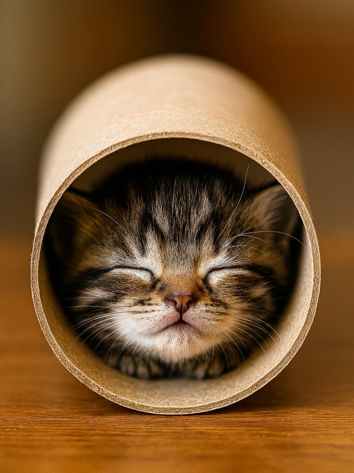 大きなトイレットペーパーの芯の中にすっぽり入って眠る子猫