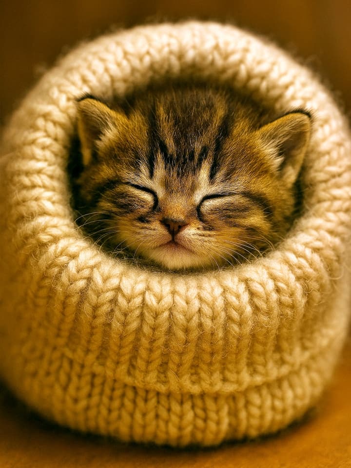 ふわふわの毛糸帽の中にすっぽり入って眠る子猫