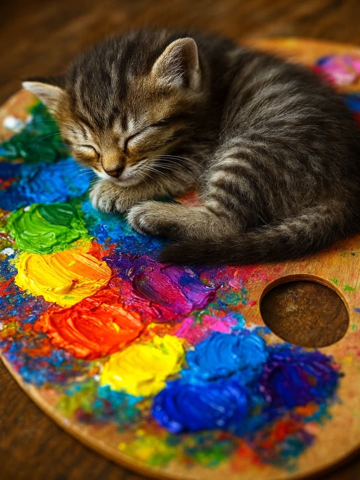 明るくカラフルな絵の具がついたパレットの上に体を横たえ、眠っている子猫