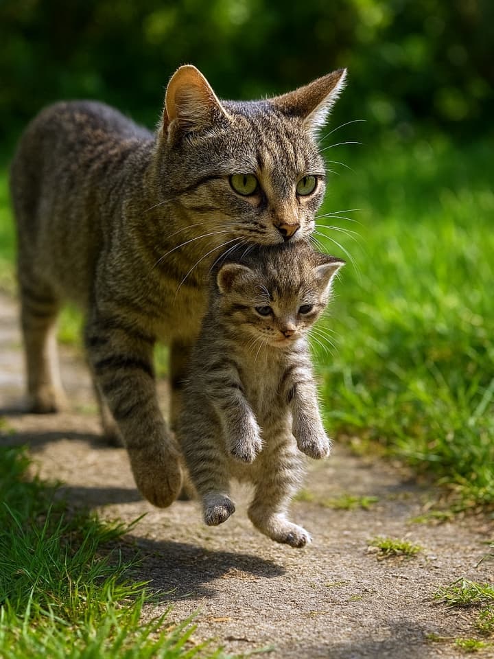 晴れた庭の小道を、母猫が首の後ろを咥えた子猫を優しく運んでいる