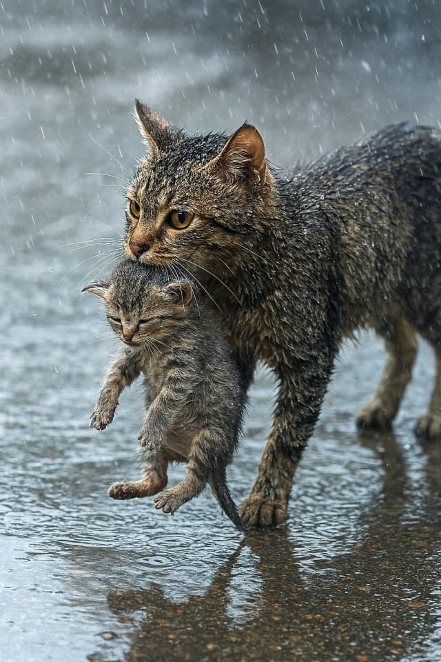 小雨の中、毛を濡らした母猫が子猫を咥えて避難中