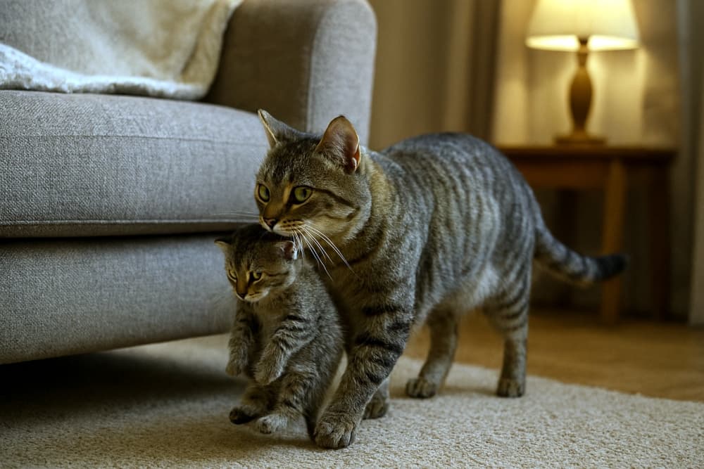 リビングのソファ裏に子猫を運び込む母猫