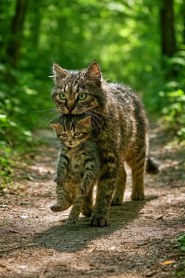 木漏れ日の森の小道を子猫を咥えて進む母猫