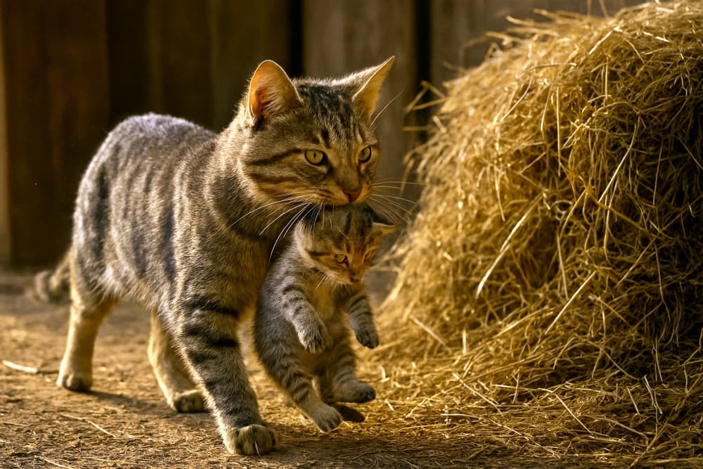 藁の巣へ子猫を運ぶ納屋の母猫