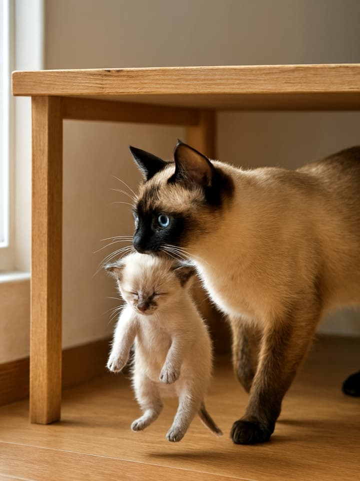 木の棚の下に子猫を避難させるシャム猫