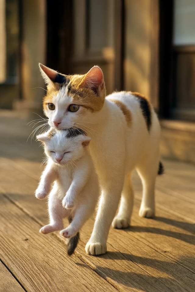 木造縁側を歩くジャパニーズボブテイルの母猫