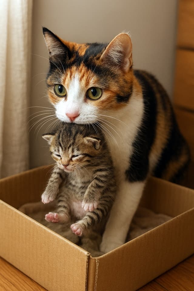 ダンボールの巣へ子猫を運ぶ三毛猫