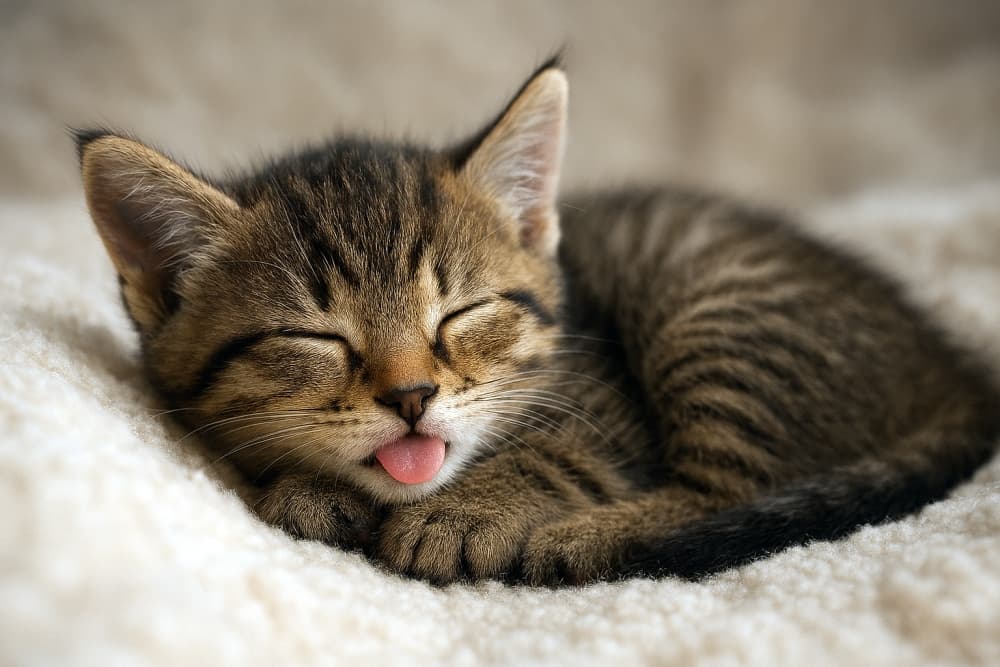 毛布の上で舌をちょっと出したまま眠る子猫のアップ