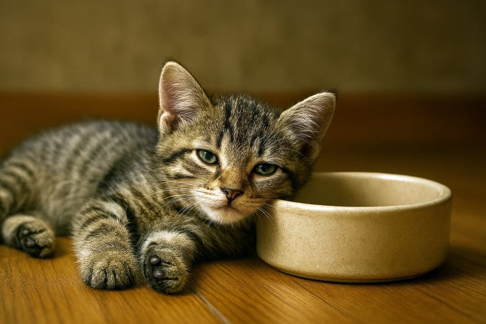空の餌皿に頭を乗せてだらける子猫