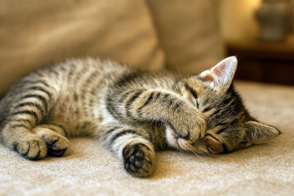 前足で目を隠して寝る子猫