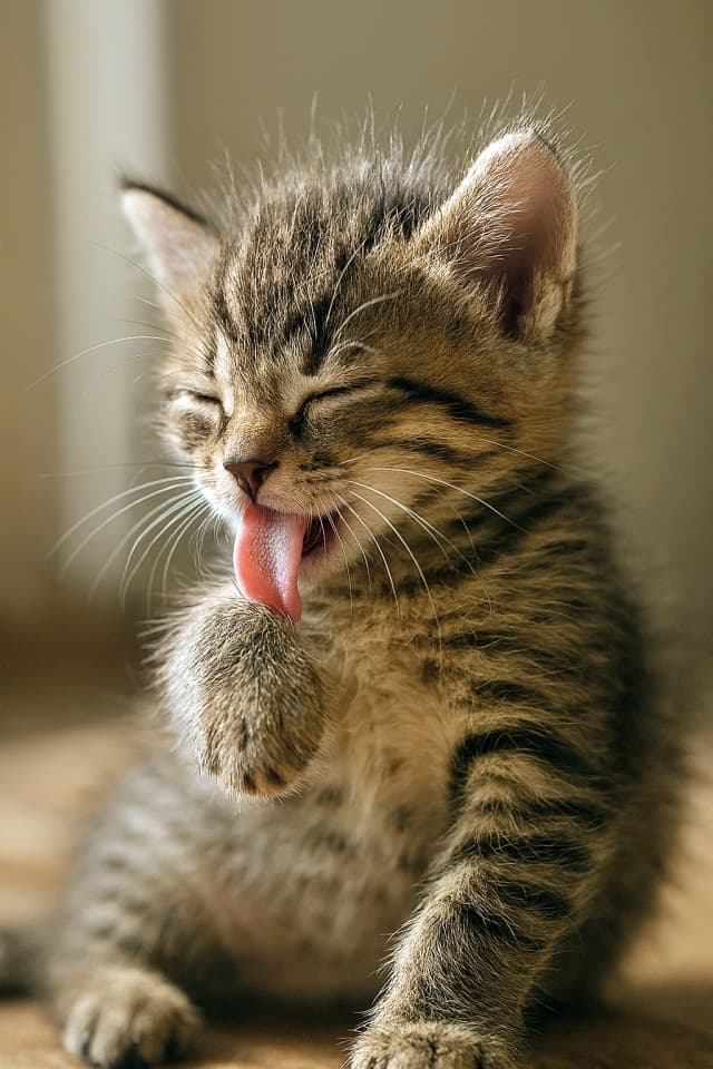 毛づくろい途中で舌を出したまま固まる子猫
