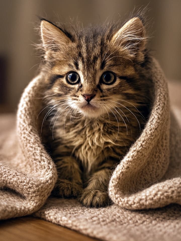 毛布から半分だけ抜け出した子猫