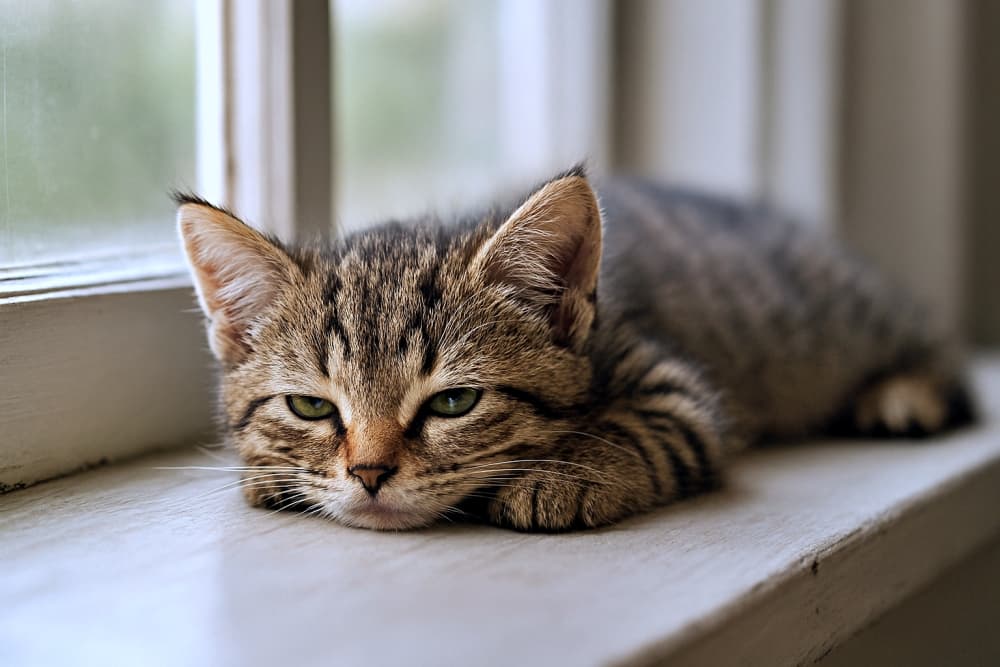 窓辺でまどろむ子猫 — Half-Dreaming on the Windowsill A gentle beam warms her whiskers as she floats between waking and sleep. Photorealistic image of a tabby kitten lying flat on a white windowsill, chin resting, eyes half-open in soft daylight with green foliage blurred in the background.