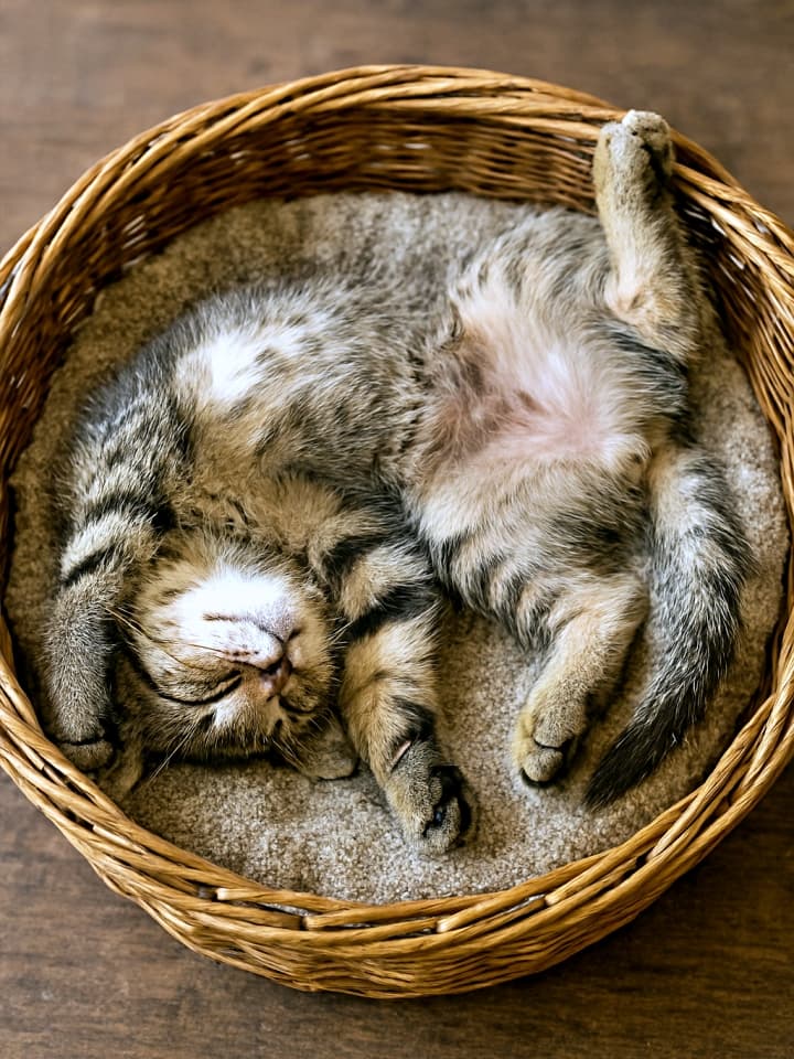 体をねじってカゴで寝る子猫