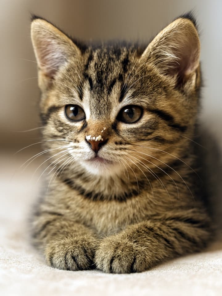 鼻におやつのカスをつけたまま座る子猫