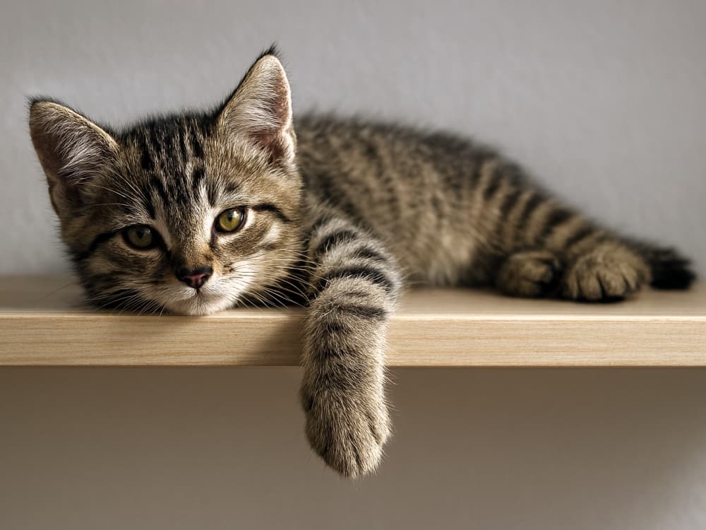 棚の上で片足を垂らす子猫