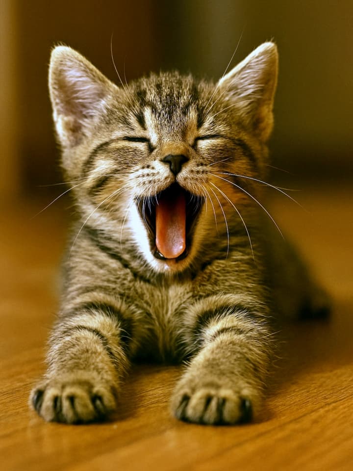 前足を伸ばしながらあくびする子猫