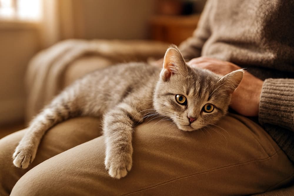人の膝からずり落ちそうな子猫
