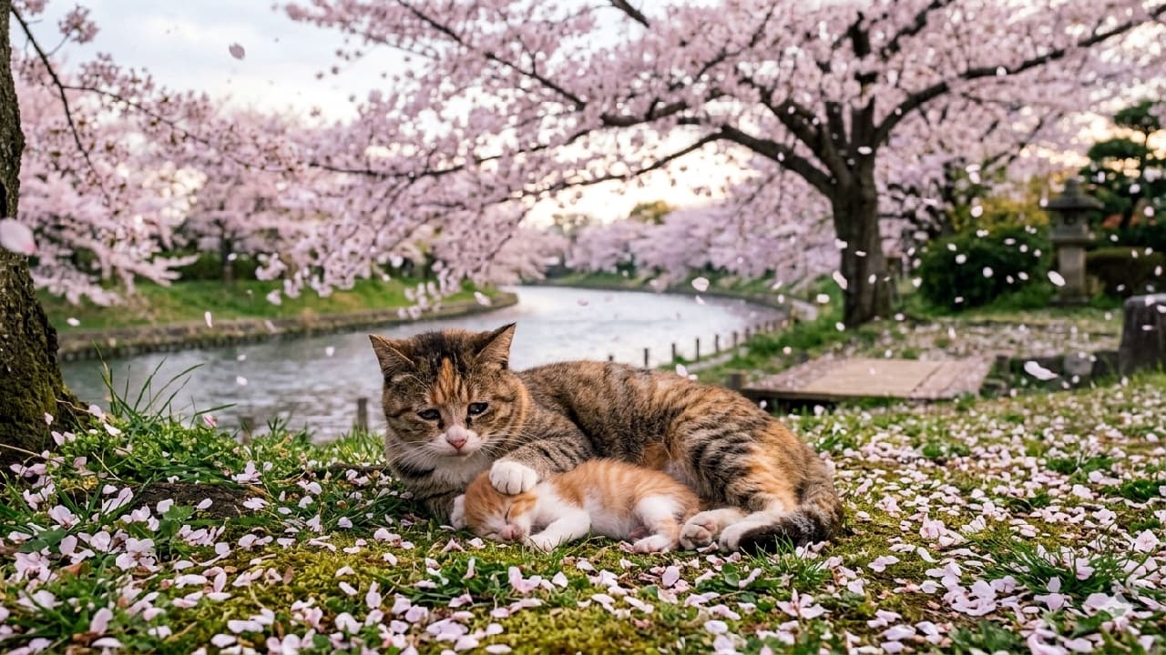 「舞い散る桜の下、虹の橋を渡る小さな命をそっと見送る母猫。この美しい別れに涙があふれます🌸✨ #猫のいる暮らし #桜 #猫」An ultra-realistic high-quality photograph capturing a deeply grieving patched tabby and white mother cat, her eyes filled with sorrow, gently placing a soft paw on the head of a still, sleeping orange and white tabby kitten on a riverbank covered in fallen cherry blossom petals. Hundreds of pink petals are drifting through the air and littering the mossy ground. In the background, a row of blooming sakura trees lines a scenic river, creating a beautiful and melancholic spring atmosphere. 満開の桜が舞い散る川辺の土手で、深く悲しげな表情を浮かべたキジ三毛(パッチドタビー・アンド・ホワイト)の母猫が、横たわって静かに眠る(動かない)小さな茶トラ白の子猫の頭に、そっと前脚を添えている。地面にはピンクの花びらが敷き詰められ、背景には川と桜並木、石灯籠が見える。光は柔らかく、シネマティックで美しい別れの情景「A grieving mother cat softly pawing her kitten beneath falling cherry blossoms near a riverside, emotional cinematic realism, spring atmosphere, petals drifting in the wind, bittersweet beauty.」