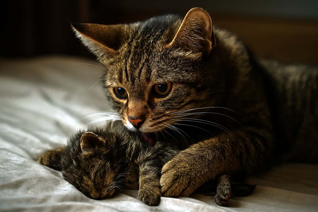 母猫が冷たくなった子猫を前足で抱き寄せ、鼻先を頬に押し当てながら舌で毛づくろいを続けている。瞳は大きく見開かれ、混乱と諦めきれない想いが入り混じっている。静かな室内で、母猫の小さな鳴き声が響く