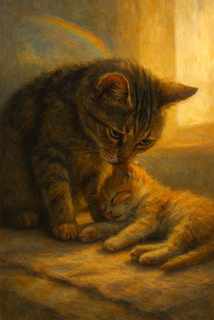 虹の橋を背景に、母猫が虹の橋を渡った子猫を抱き寄せ必死に起こそうとする切ない油彩風の情景。温かな黄金色の光に包まれ、母猫の瞳には深い悲しみが宿っている。In a warm, golden light, a mother cat tenderly cradles her lifeless kitten, trying desperately to wake it, with a soft rainbow bridge in the background, painted in an oil-style scene of quiet sorrow.