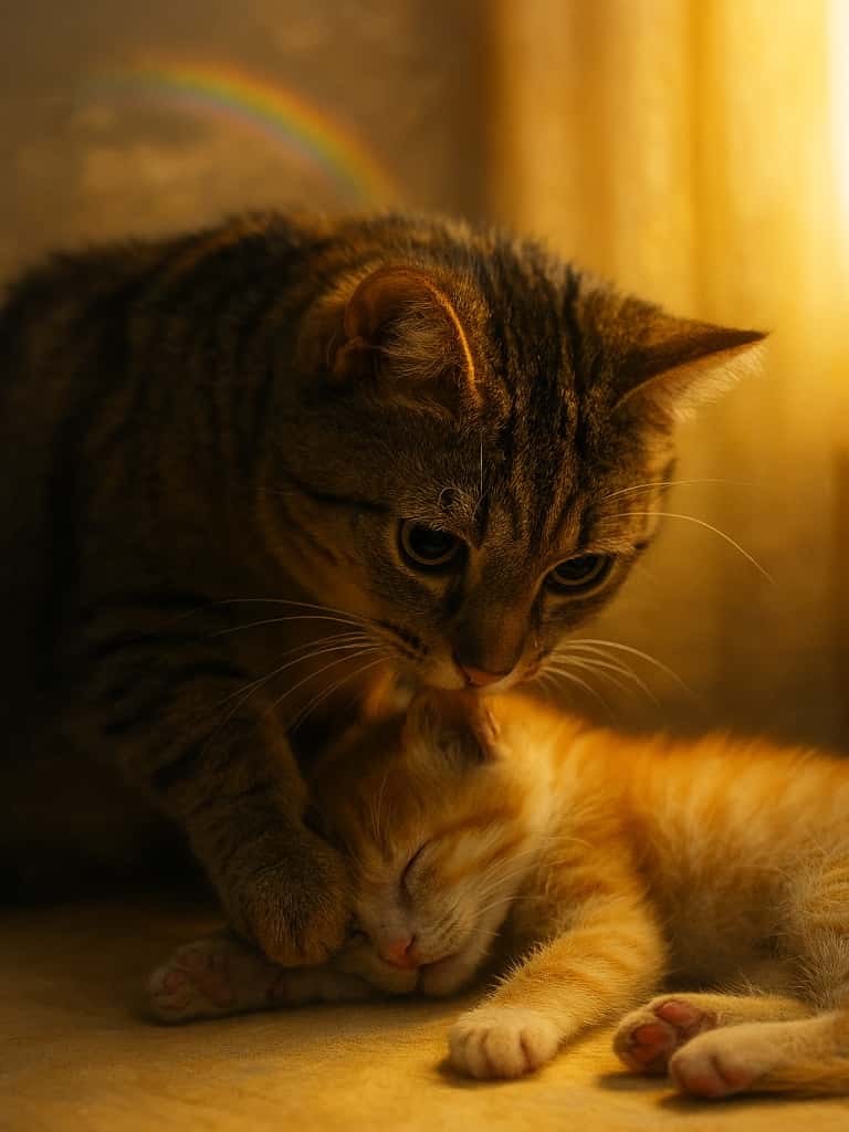 暖かな黄金色の光の中、母猫が虹の橋を渡った子猫の額に鼻を寄せ、前足でそっと抱き寄せるリアル写真風の情景。背景には窓から差し込む光と淡い虹がぼんやりと映り、二匹の毛並みが柔らかく輝いている。In warm golden light, a mother cat presses her nose to her lifeless kitten’s forehead, gently holding it with her paw in a realistic photo-style scene. A faint rainbow glows in the softly blurred background through a sunlit window, highlighting the cats’ fur.