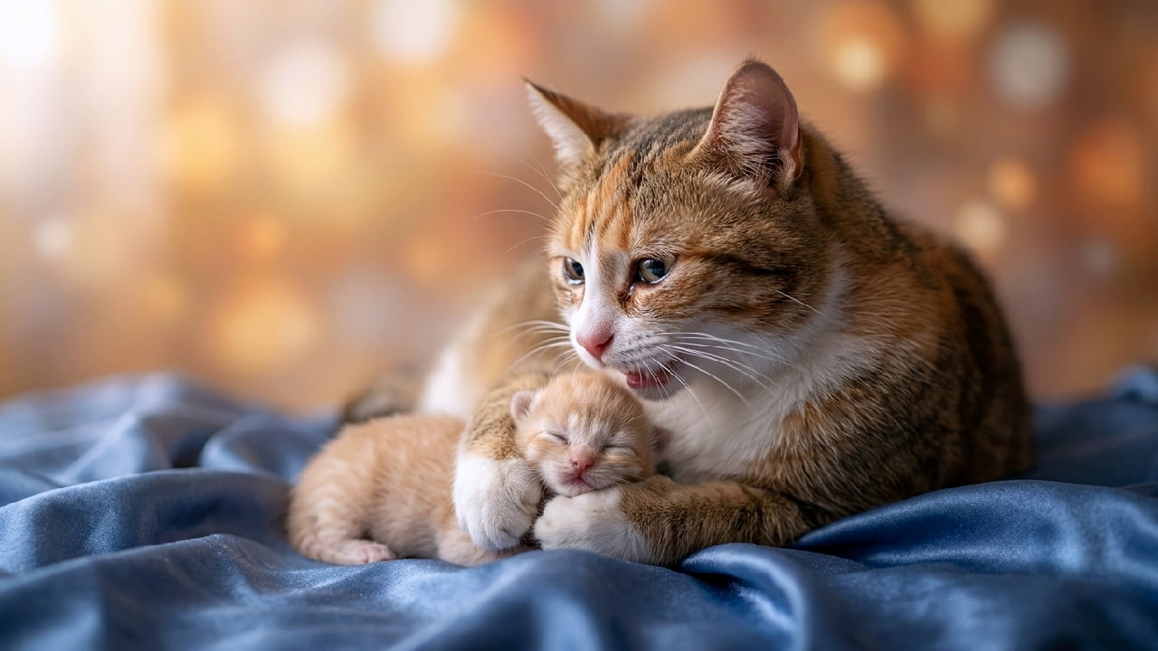 「「ずっと愛しているよ」虹の橋へ向かう小さな命と、優しく見守る母猫の姿に胸が熱くなります🌈✨ #虹の橋」An ultra-realistic high-quality photograph of a mackerel tabby-and-white mother cat gently holding a peacefully resting small ginger tabby kitten in her paws on a blue silken cloth. The mother cat has a sorrowful expression with a slightly open mouth and tearful eyes, set against a completely blurred, warm glowing bokeh background symbolizing the bridge between worlds. 虹の橋を象徴する暖かな光のボケを背景に、光沢のある青いシルクの布の上で眠る茶トラの子猫を、両前足でそっと包み込むキジ白の母猫。母猫は少し口を開けて悲しげに鳴き声をあげており、その瞳には涙が光っています。親子の深い愛情と別れの切なさが情景豊かに伝わる、超高画質でリアルな写真 "A heartbreaking photograph of a mother cat holding the tiny head of her deceased kitten in both paws, peering intently into its eyes. The mother's mouth is slightly open, as if emitting a small, sorrowful meow. The kitten is lying on a silken cloth. The background is completely blurred into a soft, warm glow, symbolizing the bridge between worlds. 8k, highly detailed, photorealistic. --no death signs"