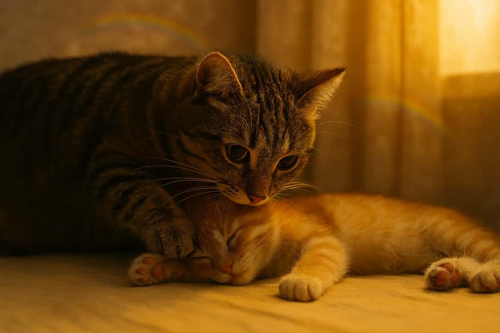 母猫が虹の橋を渡った子猫の額に鼻を寄せ、前足で抱き寄せるリアル写真風の情景。窓から差し込む黄金色の光が二匹を包み、背景には淡い虹が柔らかく弧を描いている。A wide-format realistic photo-style scene of a mother cat pressing her nose to her lifeless kitten’s forehead, gently holding it with her paw. Warm golden sunlight streams through a window, and a faint rainbow arcs softly in the background.