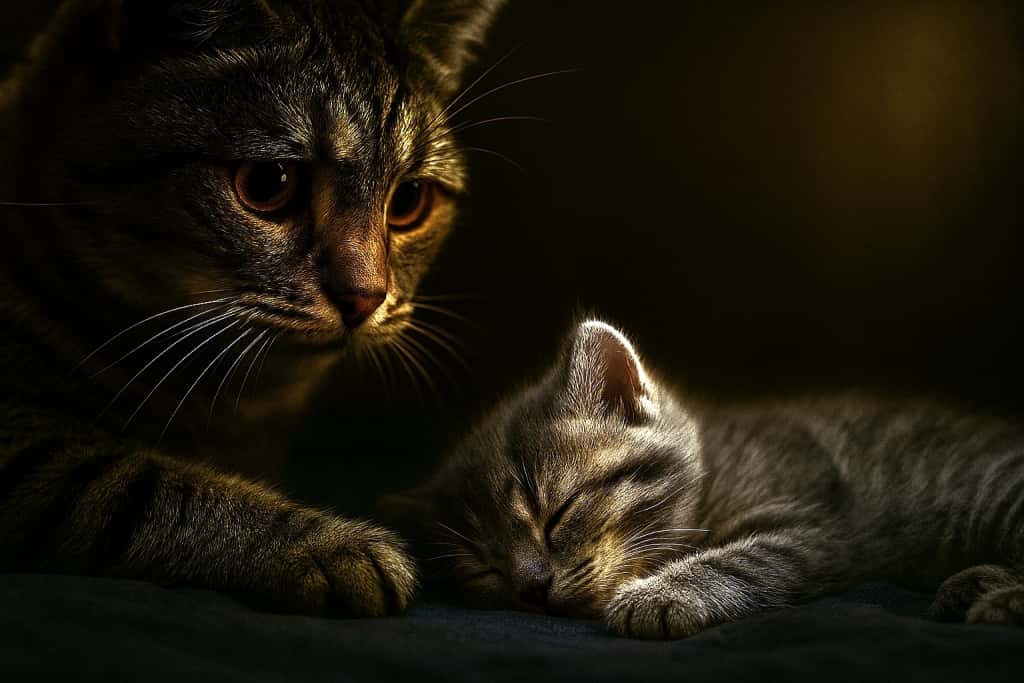 Photorealistic horizontal image of a sorrowful mother tabby cat gently touching her peacefully sleeping kitten, without rainbow light. Warm golden light illuminates their fur against a dark, blurred background, creating a serene, respectful, and emotionally poignant atmosphere.
