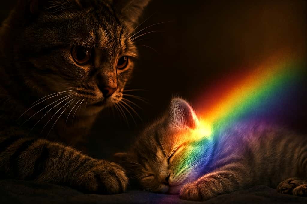 Photorealistic horizontal image of a sorrowful mother tabby cat gently touching her peacefully sleeping kitten, who is bathed in soft rainbow light symbolizing the Rainbow Bridge. The mother’s amber‑green eyes convey urgency, longing, and dignity, while cinematic lighting and a dark, blurred background create a serene, respectful atmosphere.