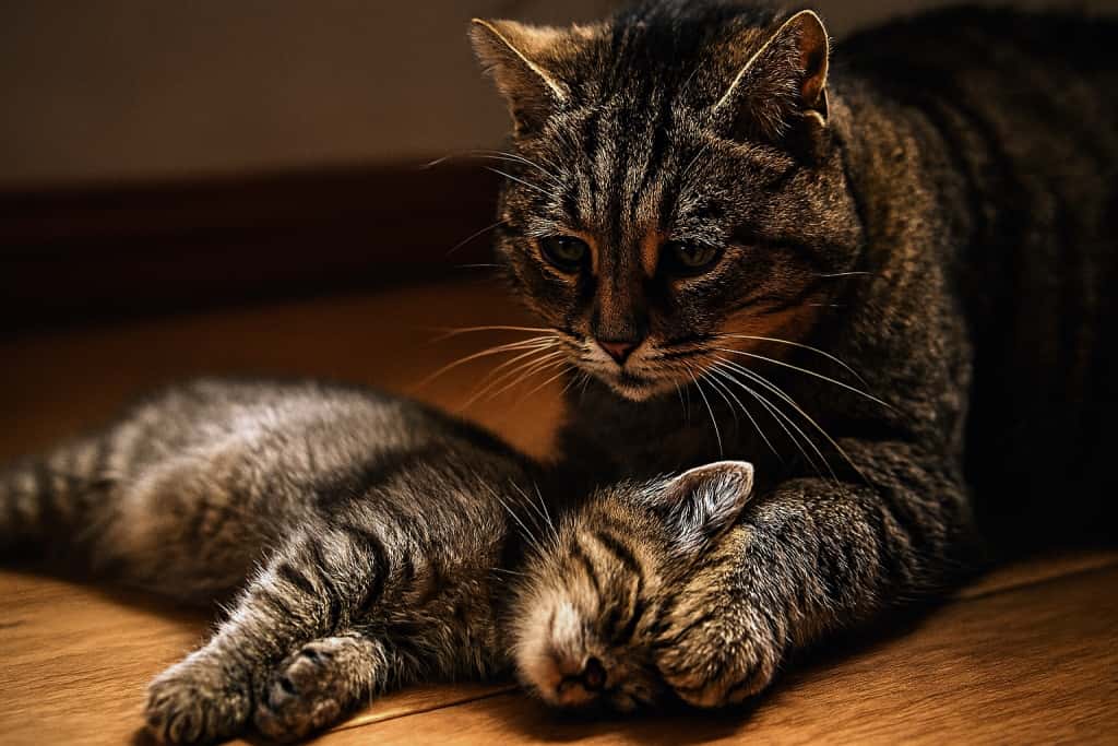 母猫が前足で子猫を揺さぶり、必死に起こそうとしている。子猫は安らかに眠ったまま反応せず、母猫の瞳には深い悲しみと愛情が宿っている。木の床の上で、切なくも尊厳を保った別れの瞬間