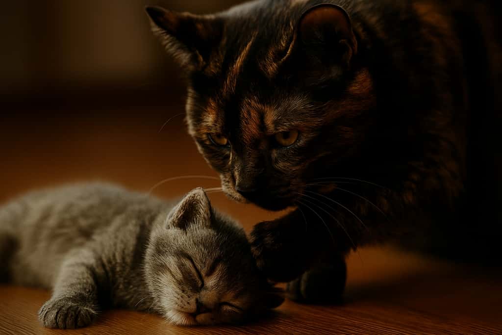母猫が木の床の上で眠る子猫にそっと前足を添え、悲しげな表情で見つめている。子猫は安らかに横たわり、母猫は必死に呼びかけるように寄り添っている