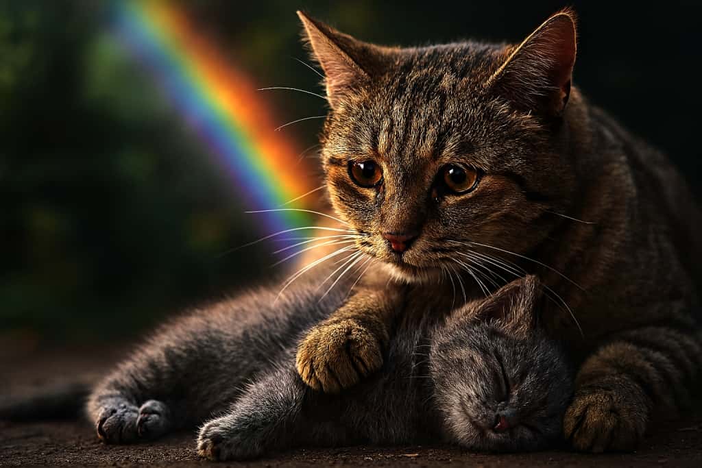 母猫が虹の橋を渡った子猫を前足で抱き寄せ、必死に起こそうとしている切ない情景。母猫の瞳には深い悲しみと愛情が宿っている。背景は暗く静かで、地面には土と小石が広がる。