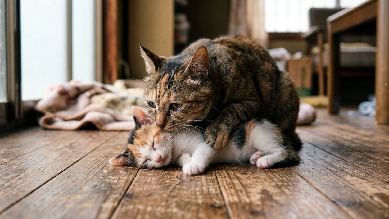 「「ずっと、ここにいるよ」暗闇に差し込む光は、母猫の深い愛と、安らかな眠りを見守る祈り。言葉にならない、切なくて温かい瞬間です。#猫 #虹の橋 #メモリアル #キジトラ #三毛猫 #深い愛 🐈🍂🌈」An ultra-realistic high-quality photograph from a close-up perspective. In a sun-drenched room with natural light from a window, a sorrowful Brown Tabby mother cat gently, yet firmly, places her paw and snout on her peacefully resting, non-responsive Calico kitten lying on a rustic wooden floor. The mother cat's amber eyes convey profound grief and deep love. The detailed texture of their fur, the kitten's serene face, and the grain of the wooden floor are meticulously rendered. The background is softly blurred, emphasizing their emotional bond in a serene, respectful, and cinematic atmosphere of farewell and eternal love. 窓辺から差し込む柔らかな自然光に照らされた、木の床の上で繰り広げられる情景。キジトラ(Brown Tabby)の母猫が、その脚と鼻先を、安らかに、そして反応せず横たわる三毛(Calico)の子猫に優しく、しかし重みを持って重ねている。母猫の瞳には深い悲しみと愛情、そして祈りのような情念が宿っており、その毛並みの質感、子猫の無垢な寝顔、そして質素な木の床の木目が精緻に描かれている。背景は優しくボケており、猫たちの深い繋がりを強調する厳かでシネマティックな雰囲気「母猫が前足と鼻先で必死に子猫を起こそうとしている。子猫は安らかに眠ったまま反応せず、母猫の瞳には深い悲しみと愛情が宿る。木の床の上で寄り添う姿がシネマティックに切なく描かれているフォトリアルの画像」
