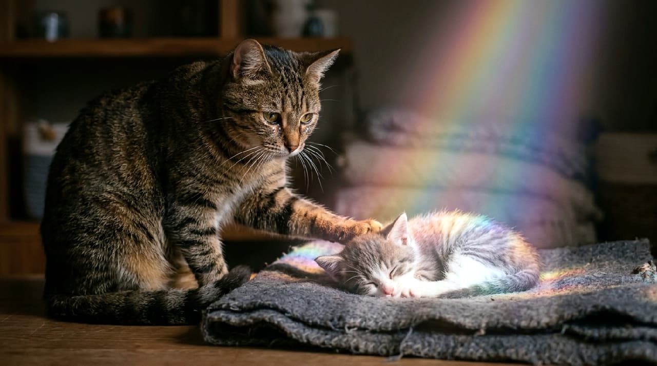 「「ずっと、愛してる」虹の橋のたもとへ、安らかな眠りとともに。母猫の深い愛に見守られて、小さな魂は旅立ちます。#猫 #虹の橋 #メモリアル #愛猫 #キジトラ #感動🐈✨🌈」An ultra-realistic high-quality photograph from a cinematic perspective. A sorrowful Brown Tabby mother cat, with amber-green eyes conveying deep longing and dignity, gently places her right paw on a Calico (or tabby-patterned) kitten sleeping peacefully. The kitten is bathed in a soft beam of rainbow light, symbolizing the Rainbow Bridge, against a dark, blurred background of a rustic interior with wooden shelves. The lighting highlights the detailed texture of their fur and creates a serene, respectful, and emotionally poignant atmosphere. 暗い質素な室内の木製棚を背景に、キジトラの母猫が、虹色の光を浴びて安らかに眠る三毛の子猫(または縞模様のある子猫)に、優しく右前脚を置いている。母猫の琥珀色の瞳は悲しみと深い愛情、そして静かな憧憬を讃えている。シネマティックな照明が、虹の橋を象徴する光と、母猫の深い情愛を強調しており、厳かで感情的な情景が描かれている。猫たちの毛並みの質感、母猫の表情、子猫の安らかな寝顔が精緻に表現されている "Photorealistic horizontal image of a sorrowful mother tabby cat gently touching her peacefully sleeping kitten, who is bathed in soft rainbow light symbolizing the Rainbow Bridge. The mother’s amber‑green eyes convey urgency, longing, and dignity, while cinematic lighting and a dark, blurred background create a serene, respectful atmosphere."
