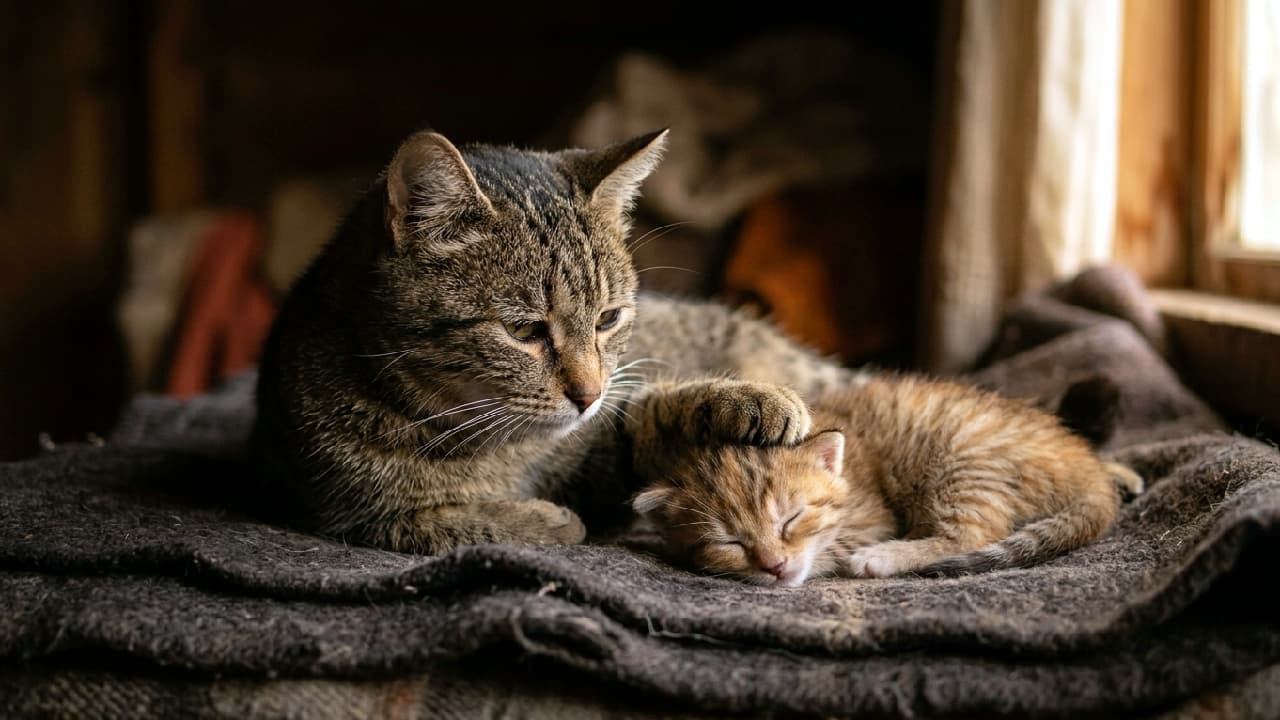 「「ずっと、ここにいるよ」暗闇に差し込む光は、母猫の深い愛と、安らかな眠りを見守る祈り。言葉にならない、切なくて温かい瞬間です🐈🐾🍂 #猫のいる暮らし #メモリアル #猫 #キジトラ #虹の橋」Ultra-realistic high-quality photograph taken with a cinematic look. Warm, golden natural light from a window illuminates a Brown Tabby mother cat and her softly sleeping kitten in a dark, rustic wooden space. The mother cat, with a sorrowful and weary expression, gently yet firmly places her right front paw on the head of the sleeping kitten. The kitten lies curled up on an old wool blanket. The detailed texture of their fur contrasts with the dark, blurred background, creating a serene, respectful, and emotionally poignant atmosphere of farewell and eternal love. 窓辺から差し込む暖かく、黄金色の自然光が、暗い質素な木製の小屋の中で、キジトラの母猫と、その脚の下で安らかに眠るキジトラの子猫の体を照らしている。母猫は物憂げで悲しげな表情で子猫を見つめ、自身の右前脚を優しく、しかし重みを持って子猫の頭に置いている。子猫は古い毛布の上で丸くなって眠っている。猫たちの精緻な毛並みの質感と、周囲の暗闇とのドラマチックなコントラストが、厳かで温かい情感を伝えている"Photorealistic horizontal image of a sorrowful mother tabby cat gently touching her peacefully sleeping kitten, without rainbow light. Warm golden light illuminates their fur against a dark, blurred background, creating a serene, respectful, and emotionally poignant atmosphere."