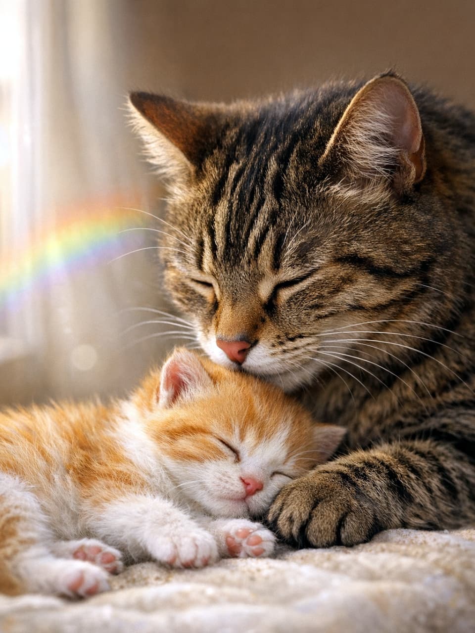 「母のぬくもりが、光の中でそっと寄り添う—。」A close-up, realistic photograph of an adult tabby cat gently touching its pink nose to the forehead of a lifeless orange‑and‑white kitten. The mother’s right paw rests protectively on the kitten’s side. Warm golden sunlight from a nearby window illuminates their detailed fur, and a faint rainbow appears softly blurred in the background. 成猫のキジトラが、息を引き取った茶白の子猫の額にそっと鼻を寄せているリアルなクローズアップ写真。母猫の右前足は子猫の体に優しく添えられている。窓から差し込む黄金色の光が毛並みを柔らかく照らし、背景には淡い虹がぼんやりと映っている